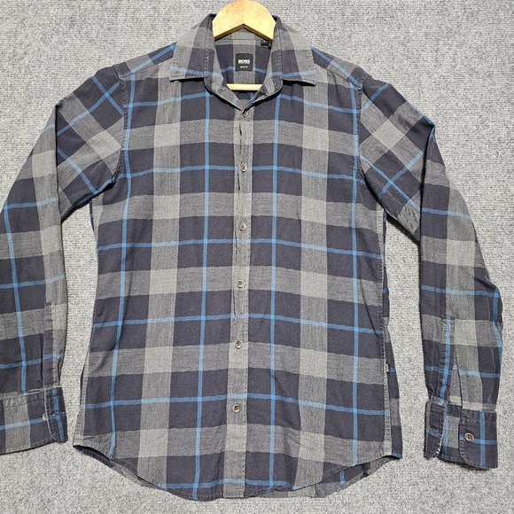 Hugo Boss Slim Fit Blue Gray Plaid Button Up Shirt Mens S Cotton Cashmere Blend - Picture 3 of 12